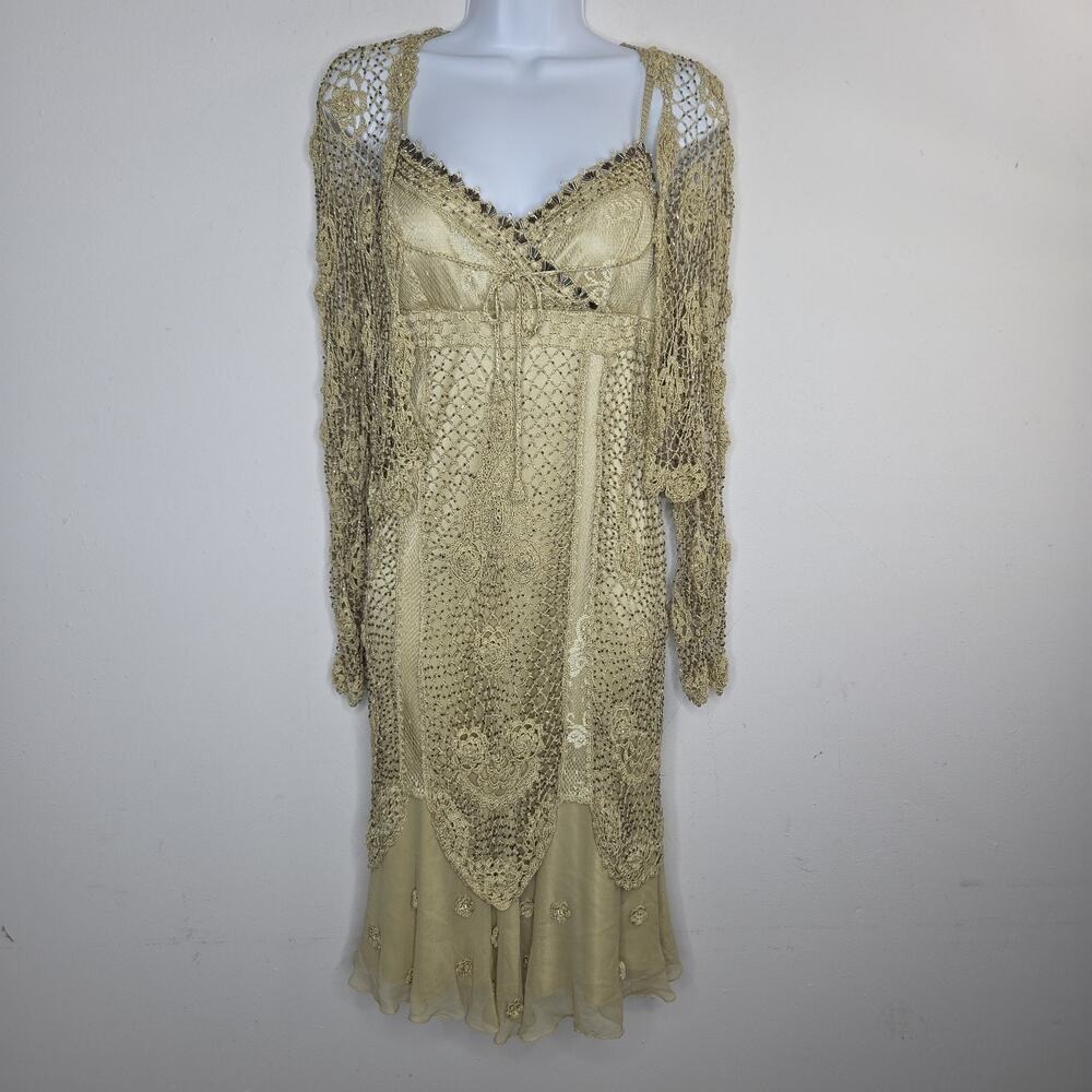 Vintage Y2K Sue Wong Gold Beaded Crochet Dress + Bolero Shrug Set Fairy Boho L